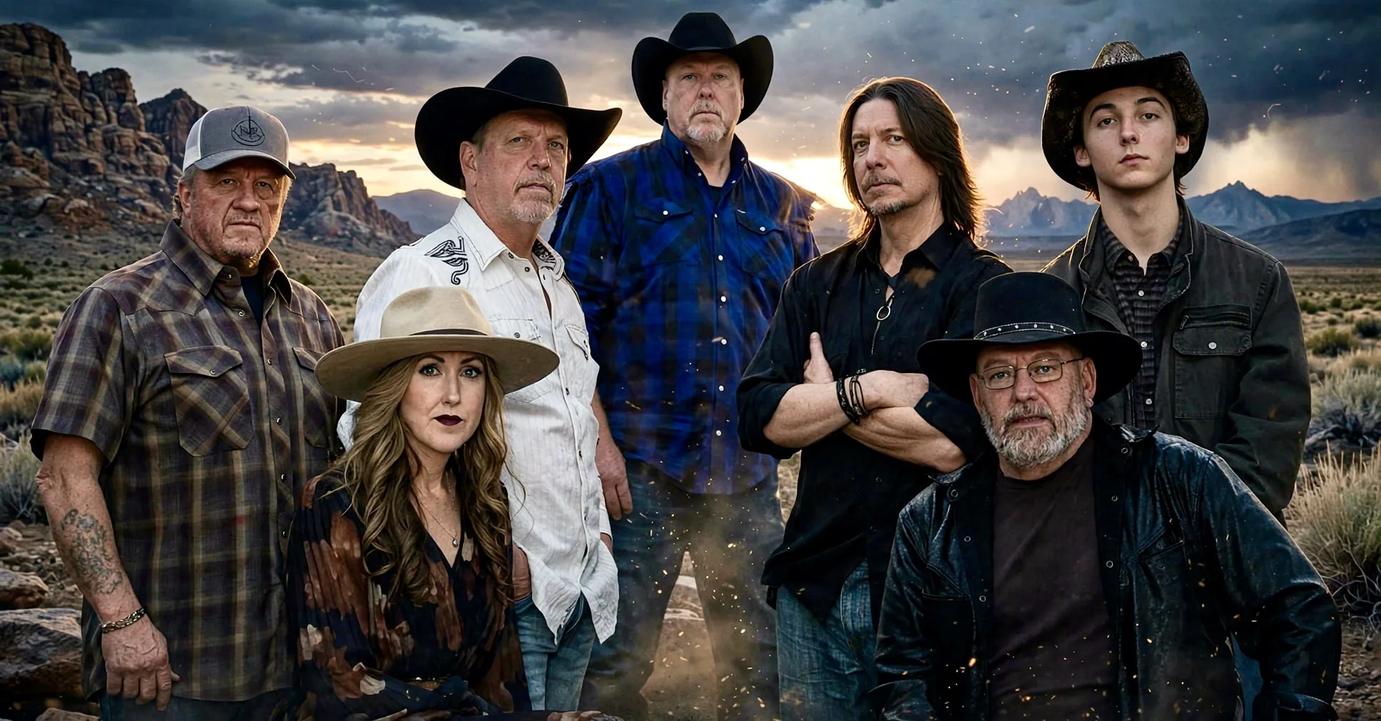 The seven members of Whiplash Rodeo standing in the desert under a stormy sky